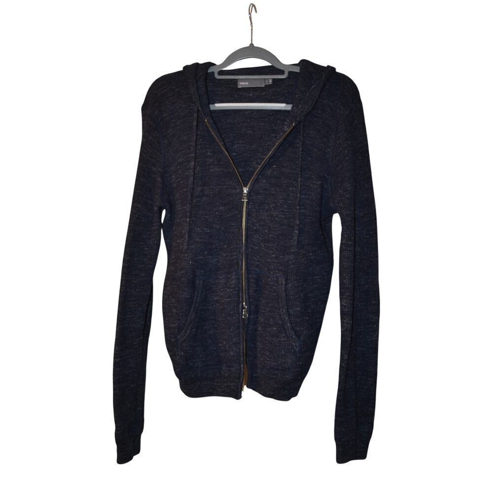 Vince Wool Linen Double Full Zip Up Hoodie elbow patch Navy Blue Size Large